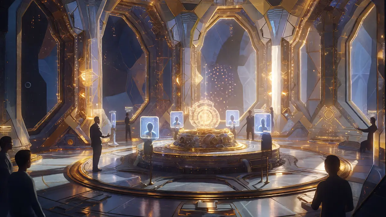 Holographic avatars gathering at a crystalline Decentralized Autonomous Company space station.