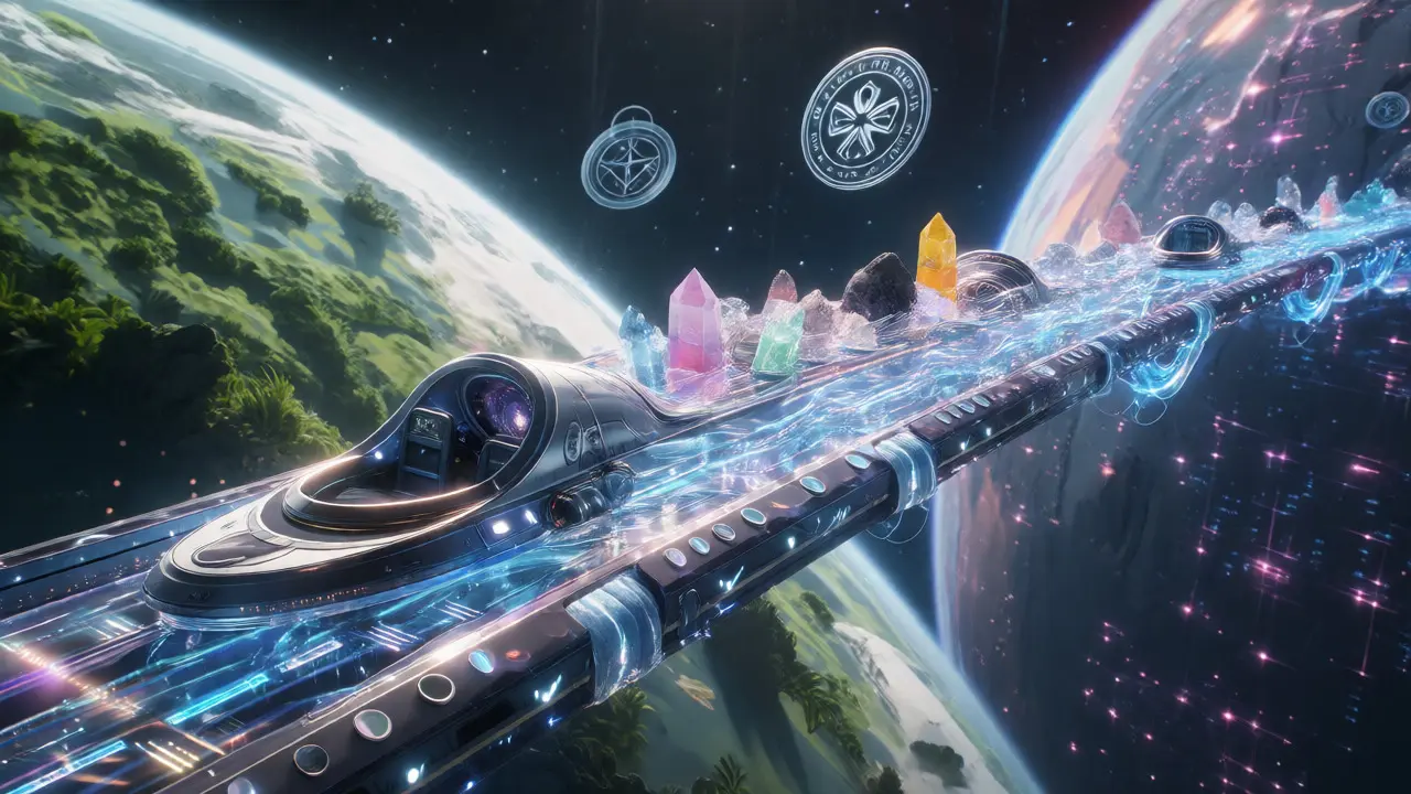Holographic bridge connecting digital and physical worlds for asset tokenization.