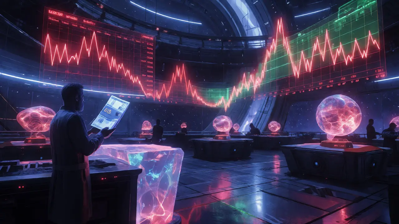Holographic trading floor with volatile energy waves and a merchant exchanging assets.