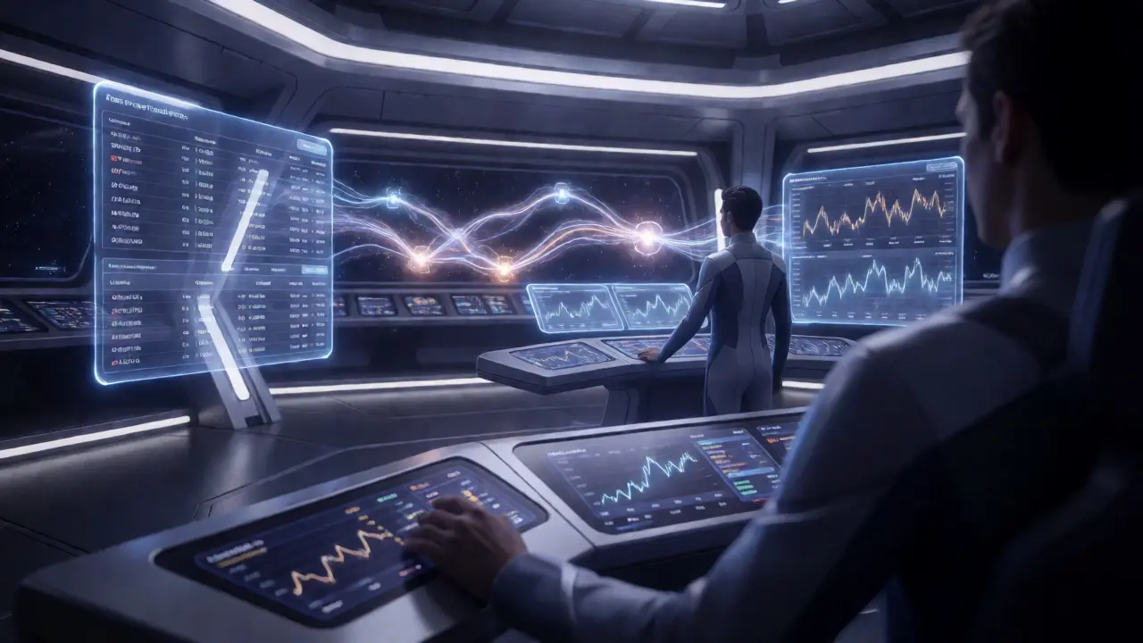Holographic trading interface on a spaceship bridge with data streams