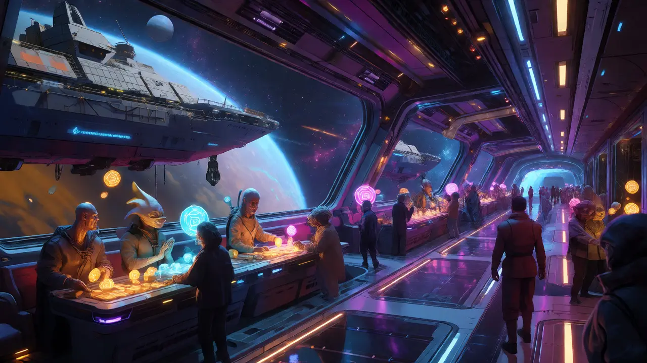 Interstellar spaceport with ships docking and digital token exchanges