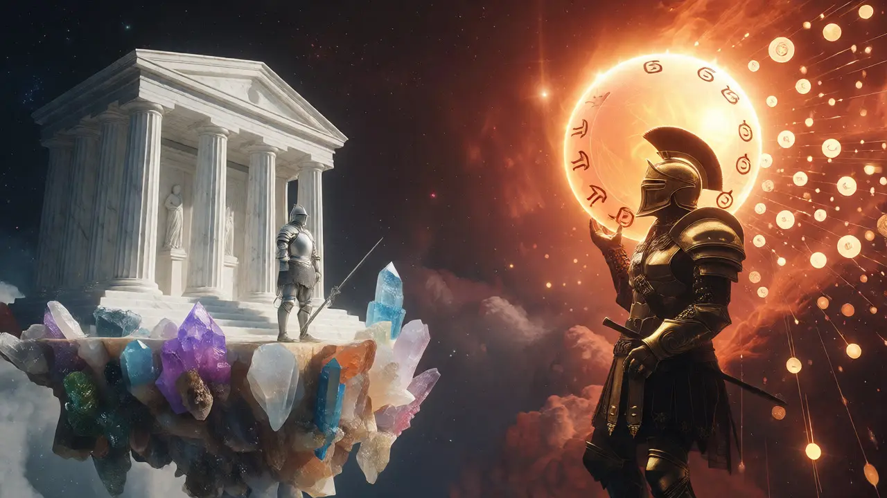 Knight guarding diverse assets vs. warrior holding a treasury sun orb.