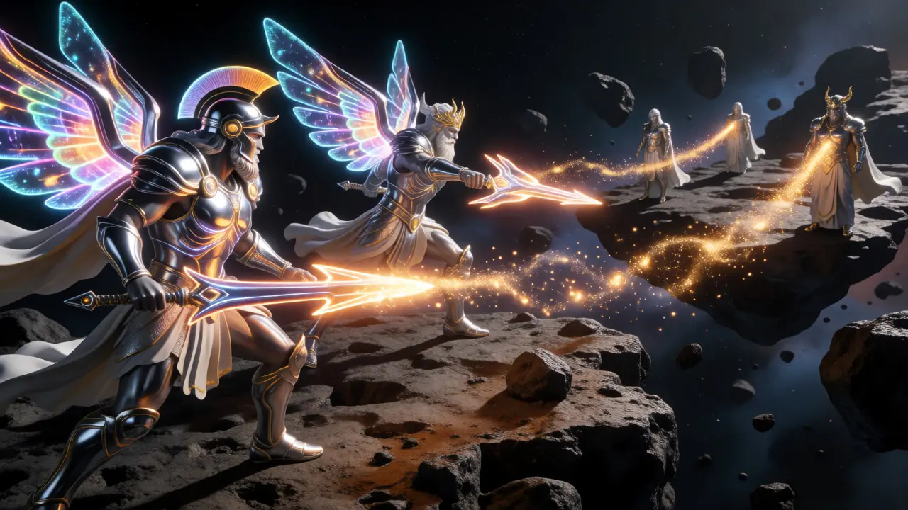 Mythological sci-fi warriors battling on asteroids generating golden rewards