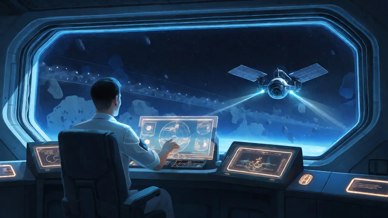 Navigator in a high-tech vault ship using holograms to navigate safe routes past scanning satellites.