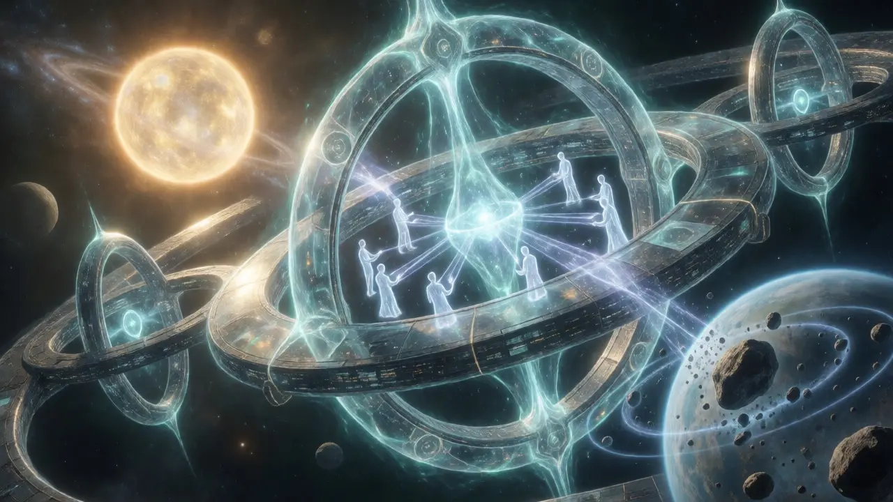 Orbital space station with energy rings and staking mechanics in a sci-fi setting.