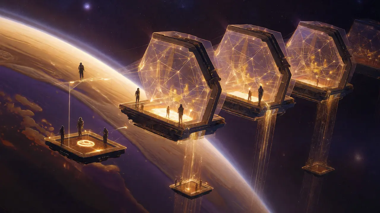 Orbital station capturing golden energy streams from a planet to secure the network.
