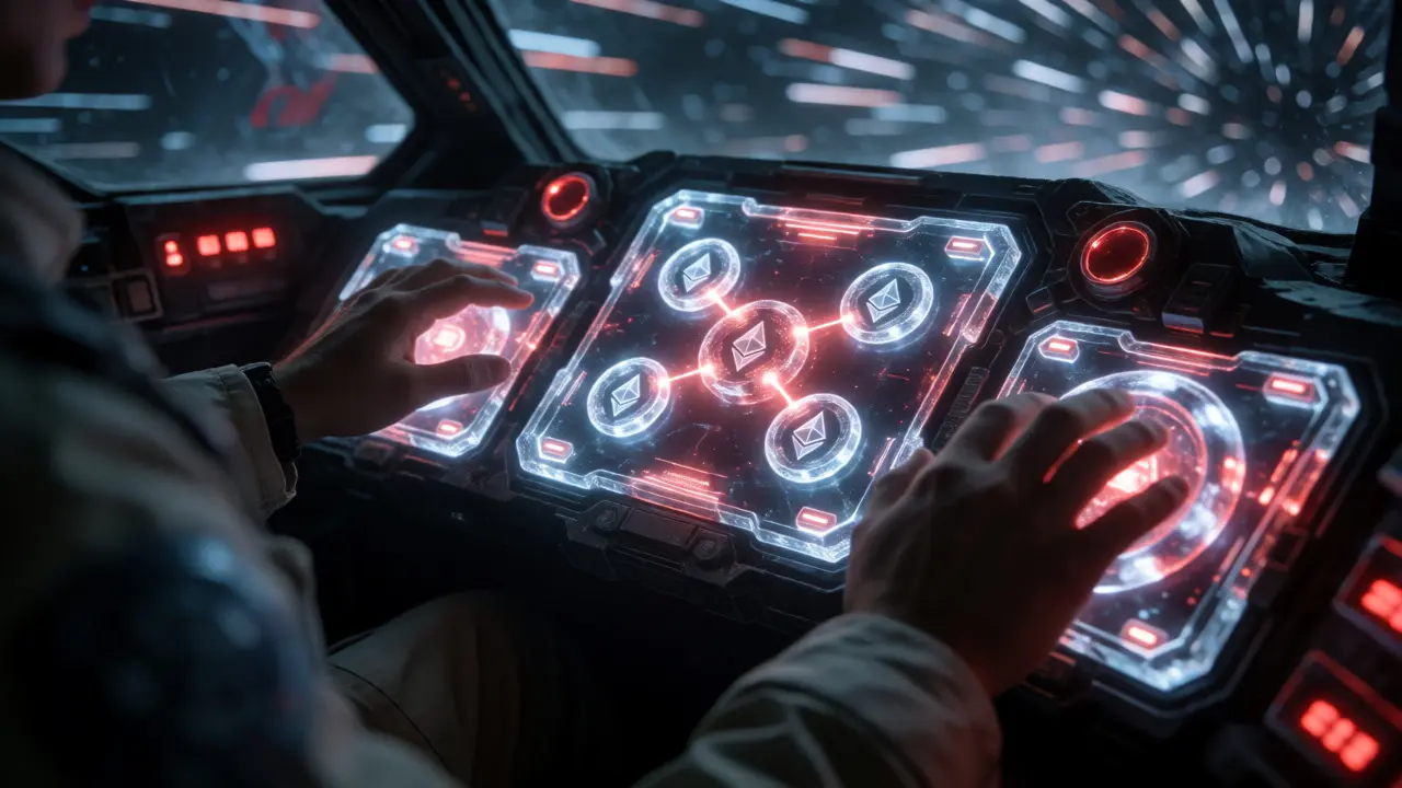 Pilot controlling unstable holographic token interfaces in a sci-fi cockpit