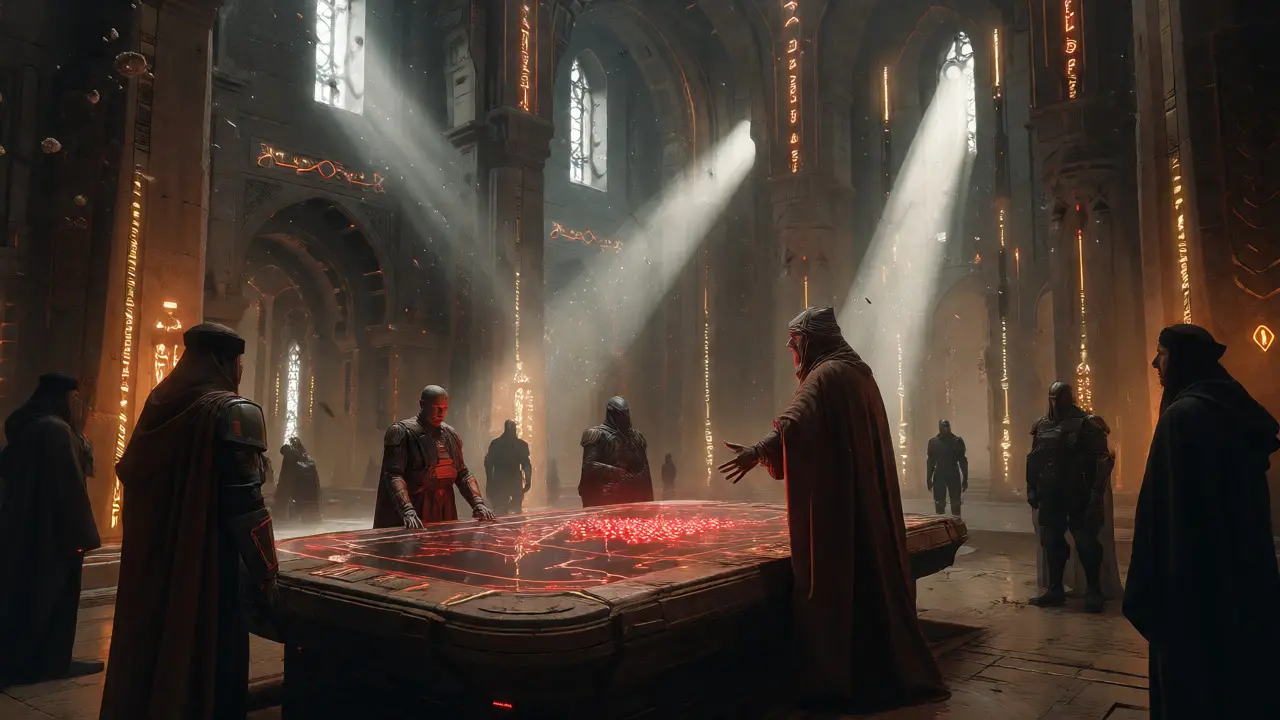Robed leaders monitoring crypto transactions in a futuristic temple.