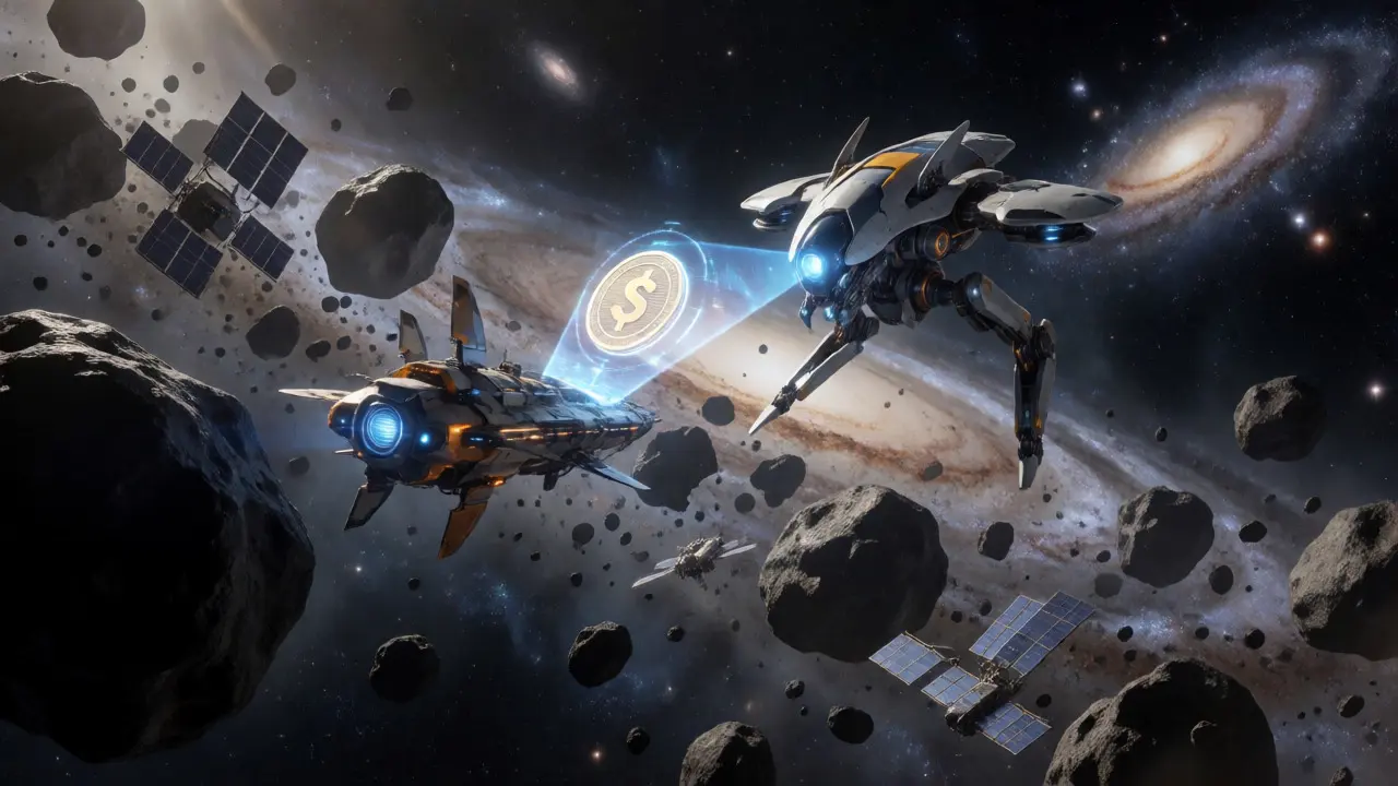 Robotic drone luring ship in asteroid belt