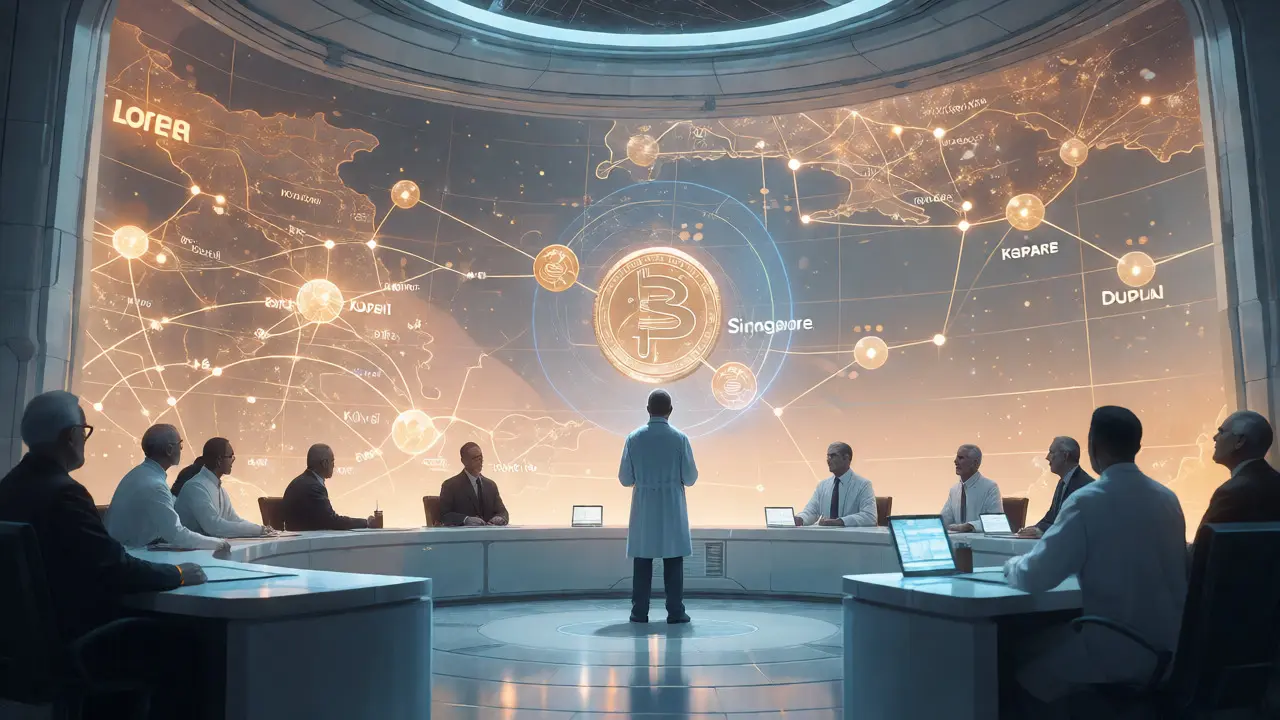 Sci-fi council analyzing holographic map and digital currency projection