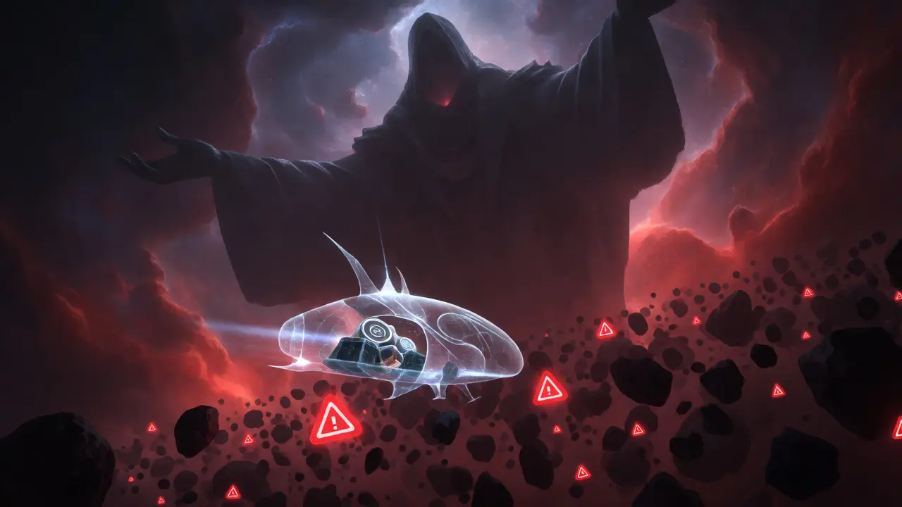 Small spaceship navigating hazardous asteroids under a looming cosmic presence.