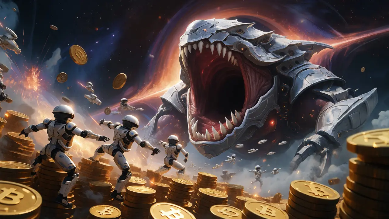 Space battle between golden crypto ships and silver bureaucratic drones with a large penalty monster.
