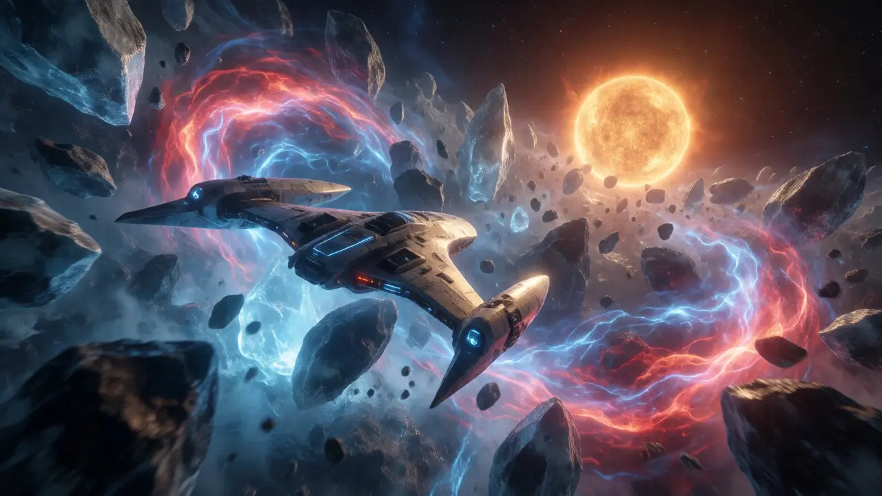 Starship navigating a hazardous asteroid field amidst swirling energy vortices in space.