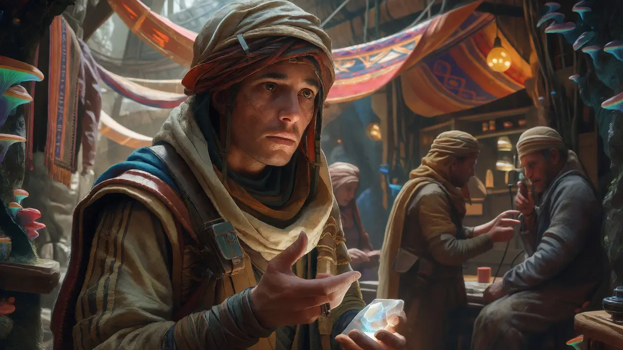 Trader holding a glowing data-crystal in a secret underground bazaar.