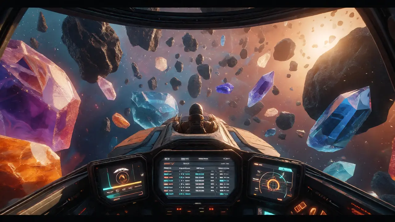 Trader navigating crystal asteroids in spaceship