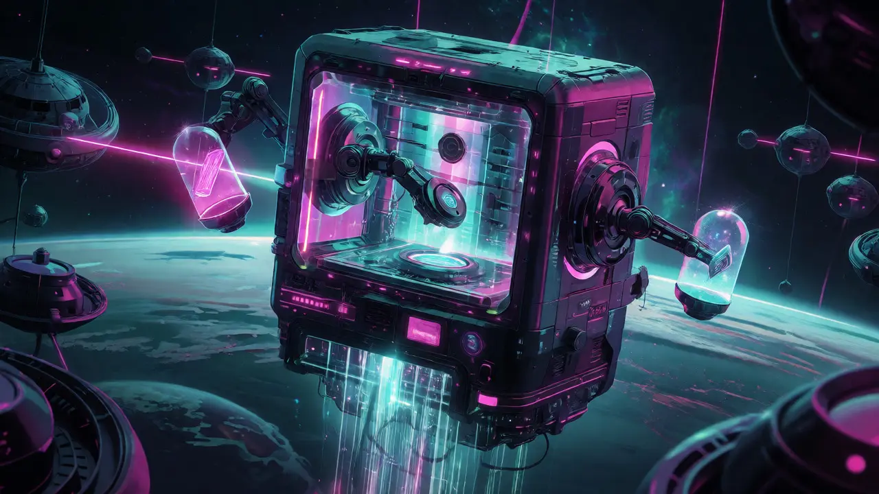 A futuristic orbital station automates token creation, surrounded by verifying satellite nodes in deep space.