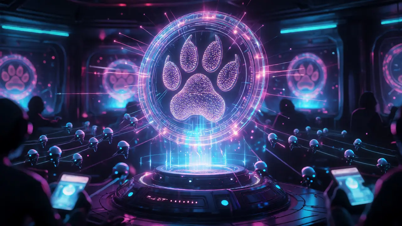 A glowing PAWS token hologram attracts digital drones in a sci-fi setting, visualizing the tap-to-earn game mechanic.