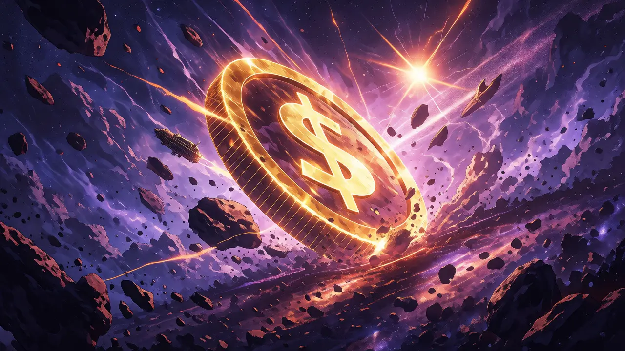 A glowing token caught in a chaotic cosmic storm with asteroids and swirling nebulas.