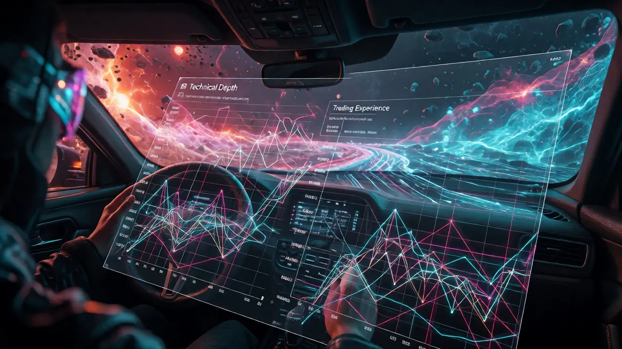 A sci-fi cockpit with holographic technical charts for advanced crypto trading.