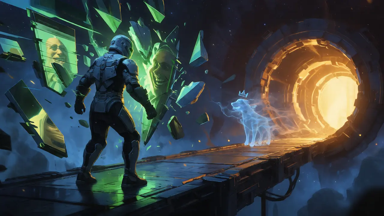 A space guardian blocks glitchy scam debris while protecting a path to a golden portal, symbolizing safe crypto navigation.