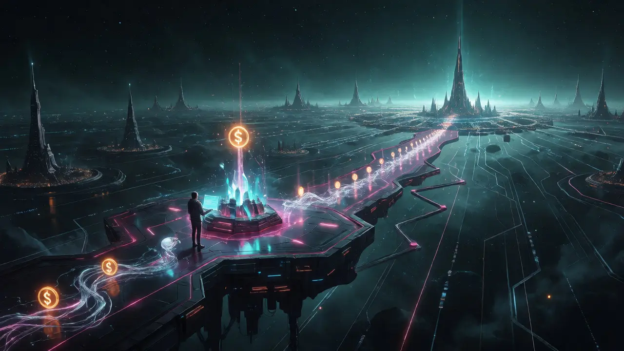 A spacesuit-clad figure interacting with a holographic trading interface in a space station.