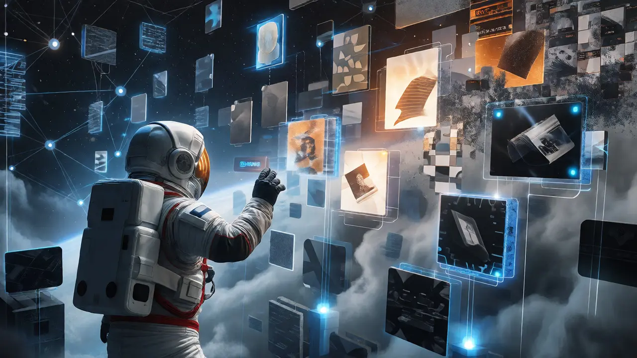 An astronaut stabilizes fragmented digital art floating in space, representing decentralized storage challenges.