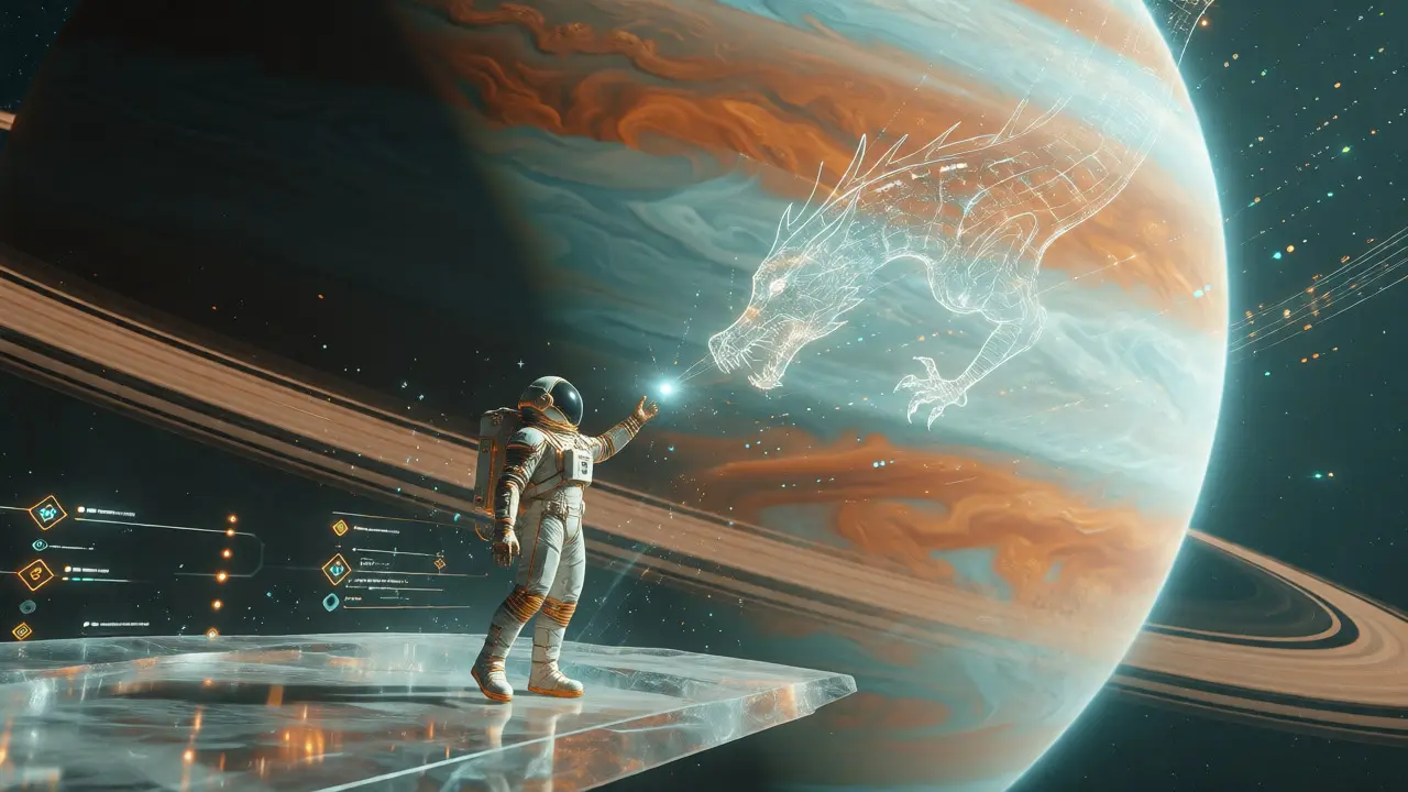 Astronaut catching glowing data streams shaped like a dragon in space.
