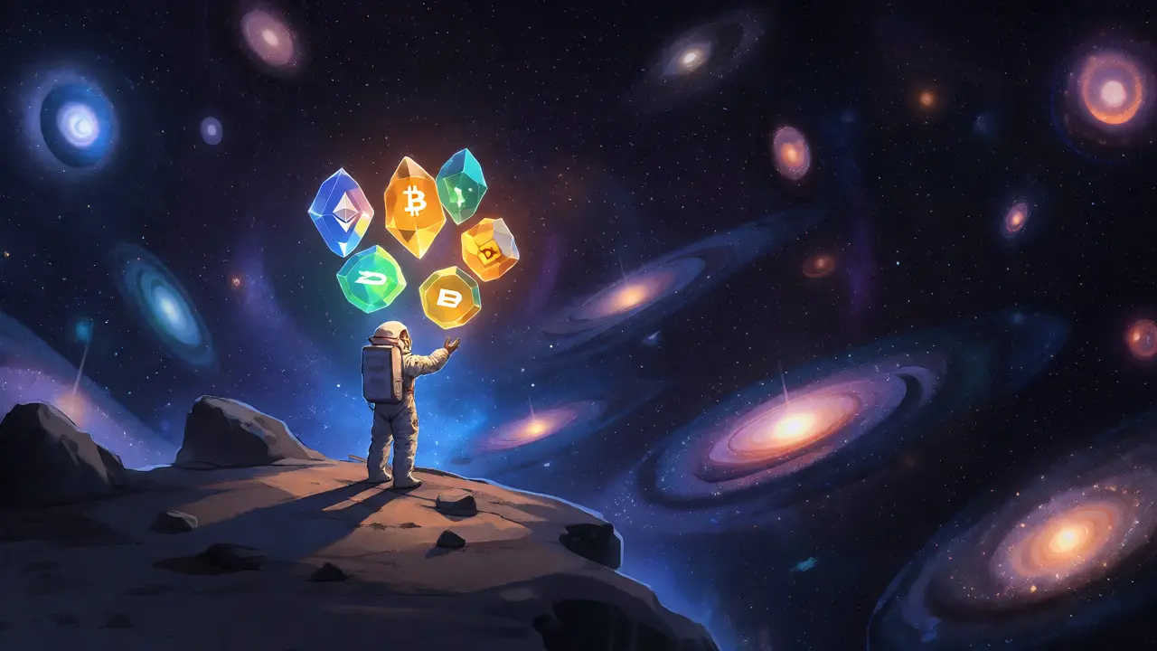 Astronaut holding six glowing orbs on a small asteroid amidst a vast, empty starry void.