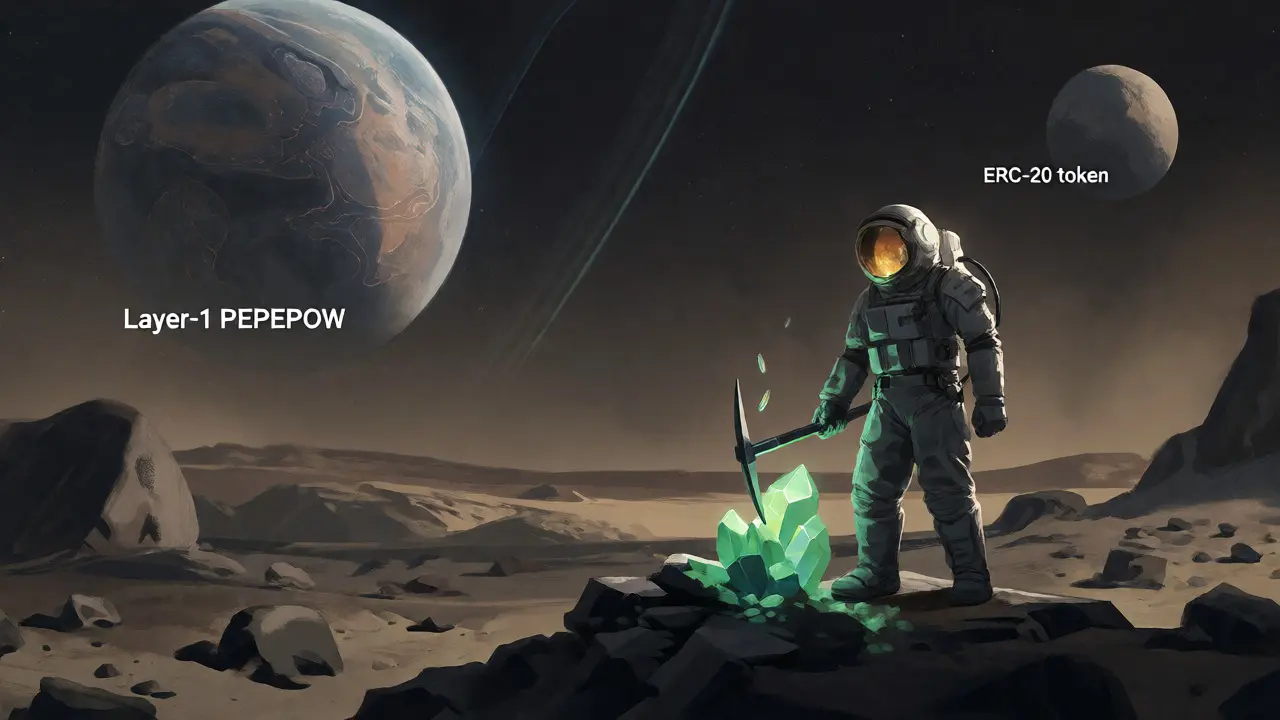 Astronaut mining green crystals on an asteroid with two planets in background