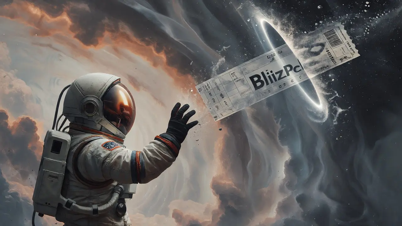 Astronaut reaching for dissolving ticket-like portal in nebula