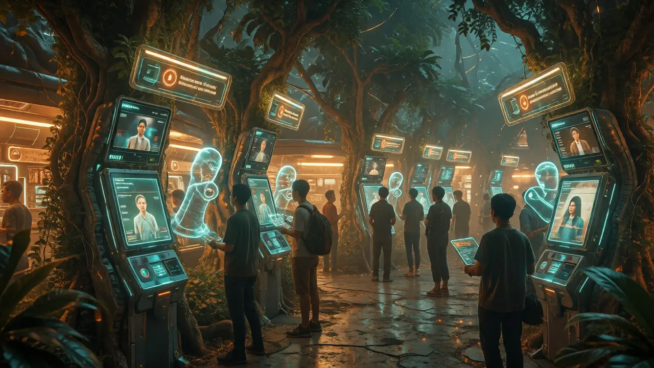 Citizens using biometric kiosks in a futuristic city