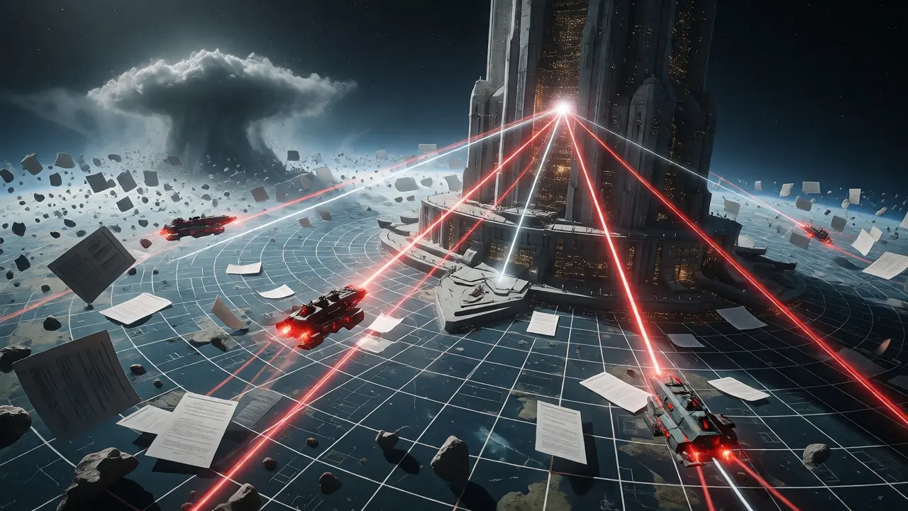 Command center beaming lights onto ships navigating an asteroid belt of regulations.
