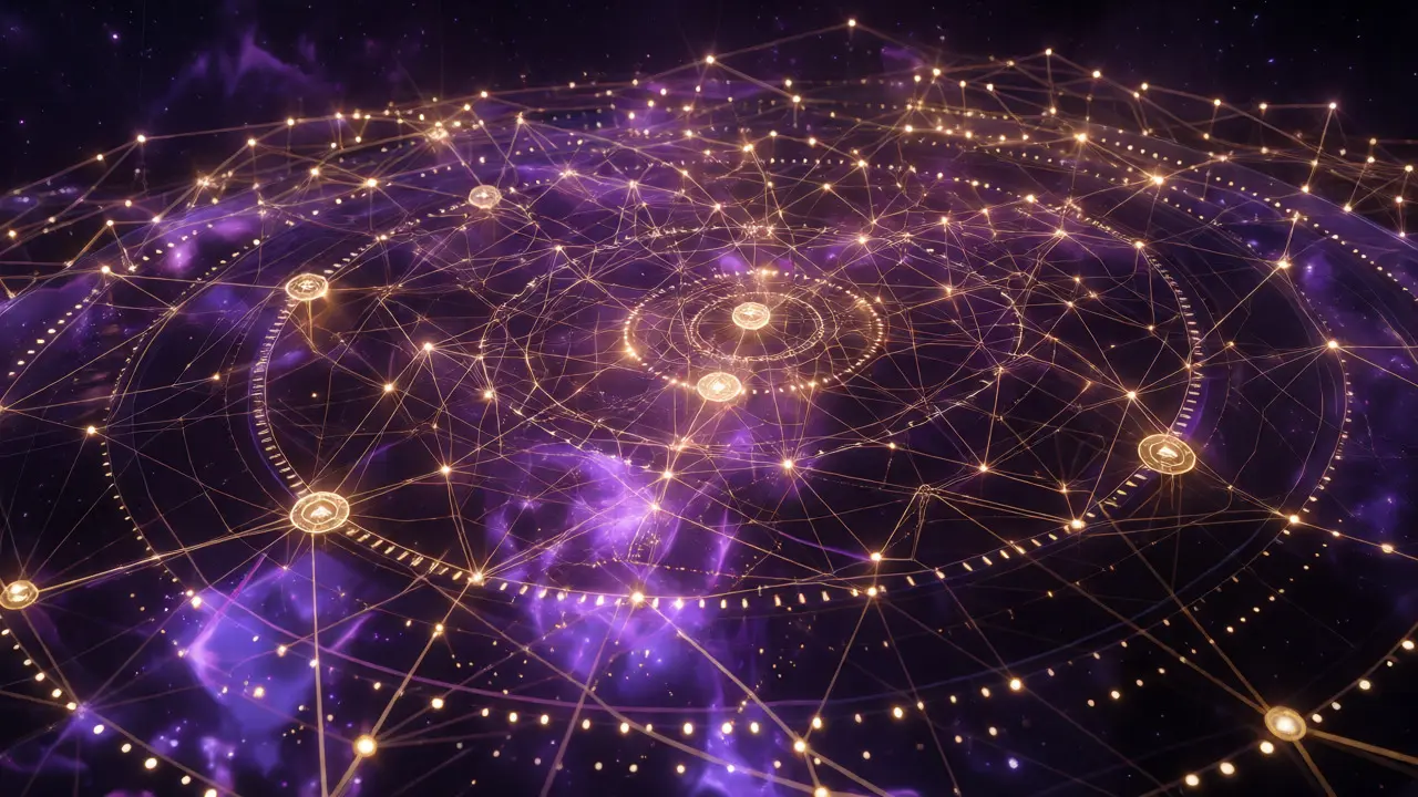 Complex web of glowing nodes representing hashgraph consensus