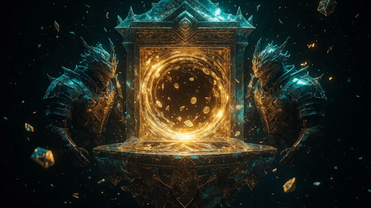 Cosmic vault guarded by robotic knights with swirling golden token vortex.