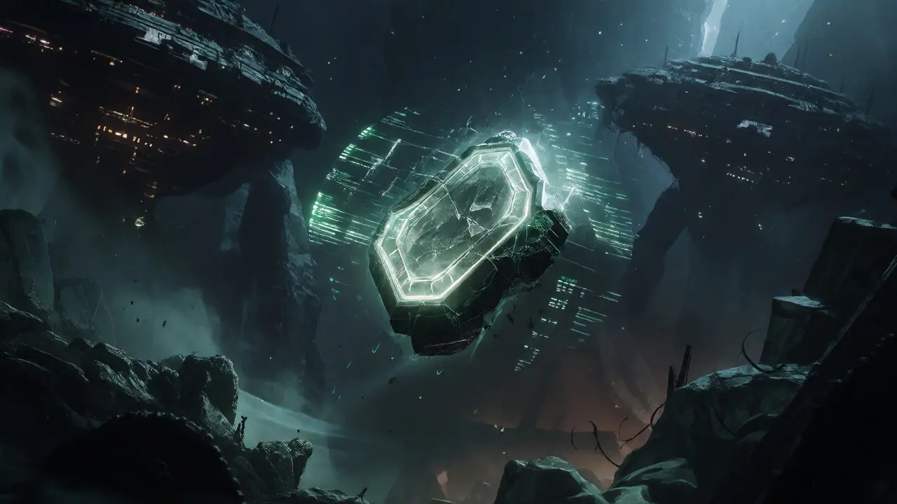 Cracked crystal token floating in dark void near giant ships