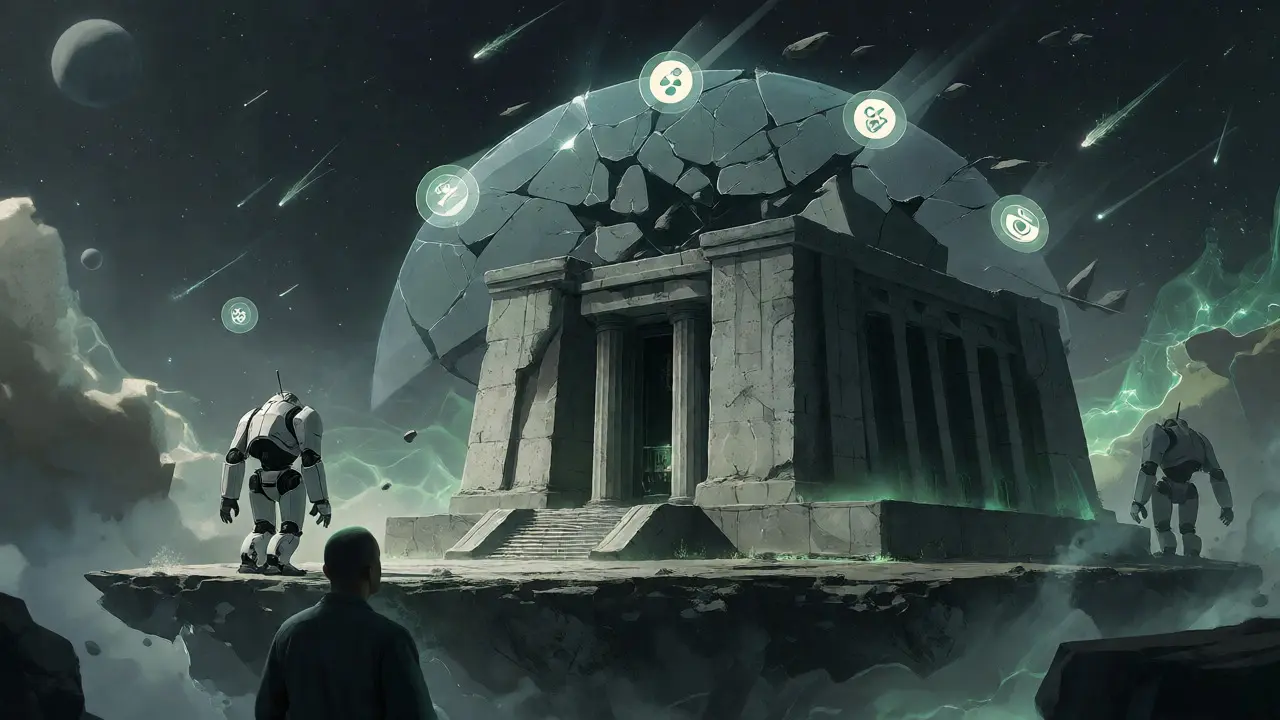 Cracked energy shield protecting a space fortress, representing regulatory and security gaps.