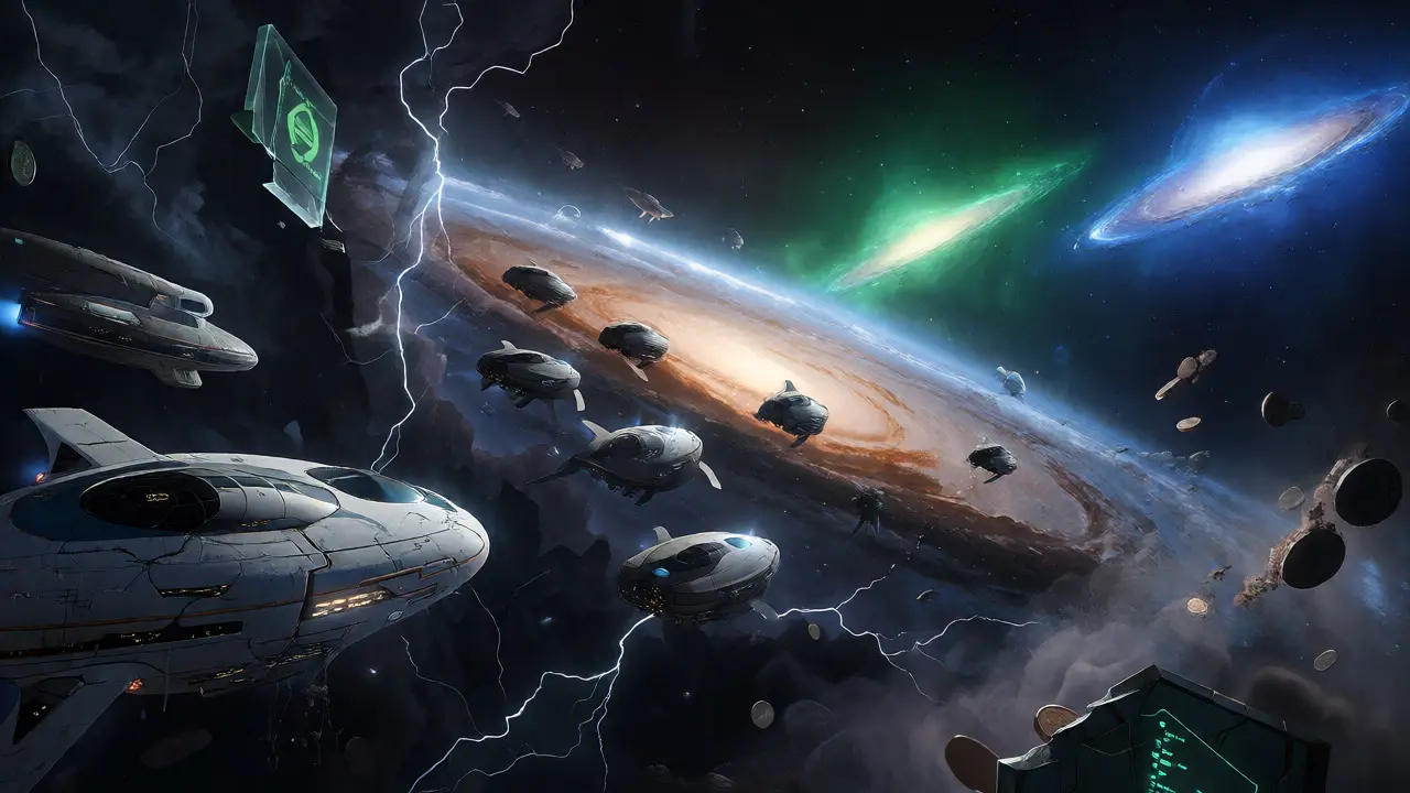 Crypto spaceship fleet fleeing a dark nebula toward bright safe harbor star systems.