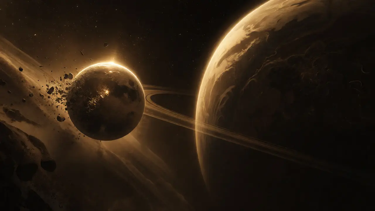 Dimmed golden moon surrounded by debris orbiting a large planet symbolizing market correction.