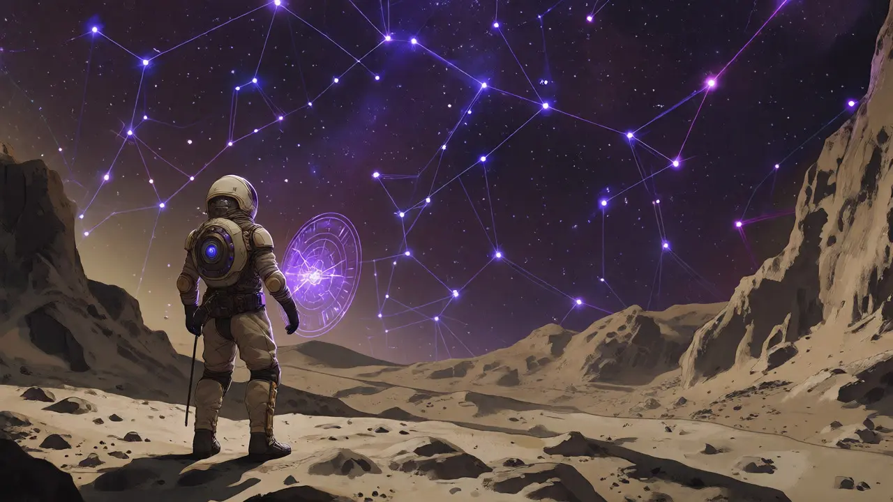 Explorer viewing constellations forming unique code patterns