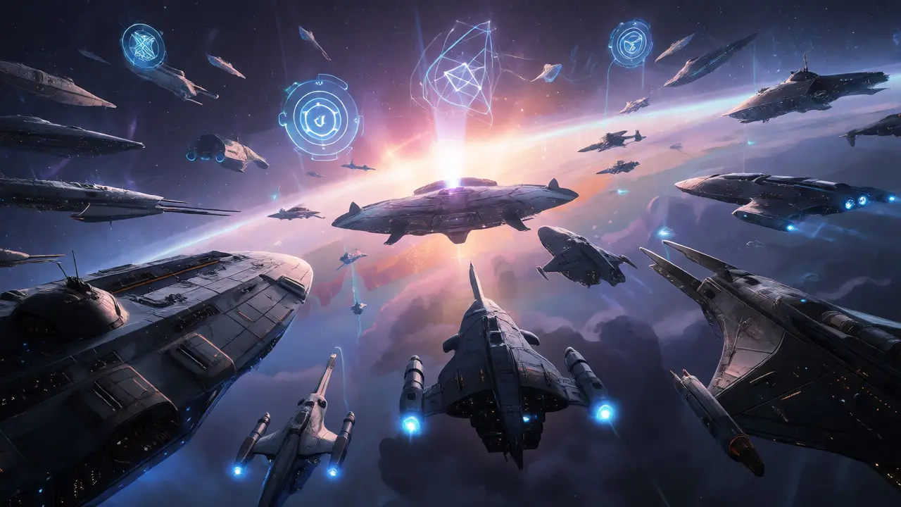 Fleet of spacecraft forming a defensive formation around a central radiant core.