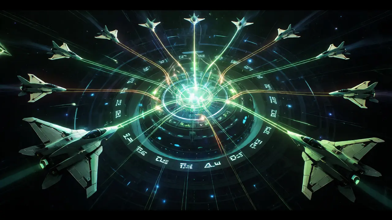 Futuristic fighters circling a glowing core in space illustrating volume-based trading competitions.