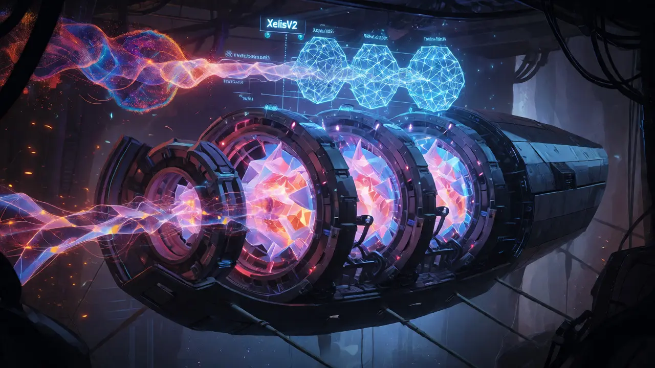 Futuristic mining engine showing transition from Memehash to XelisV2 algorithms