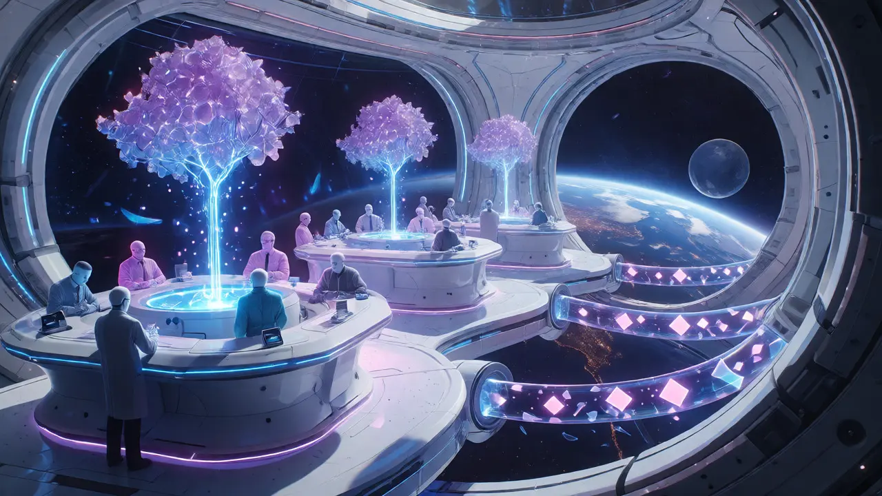 Futuristic orbital bank with holographic Verkle trees