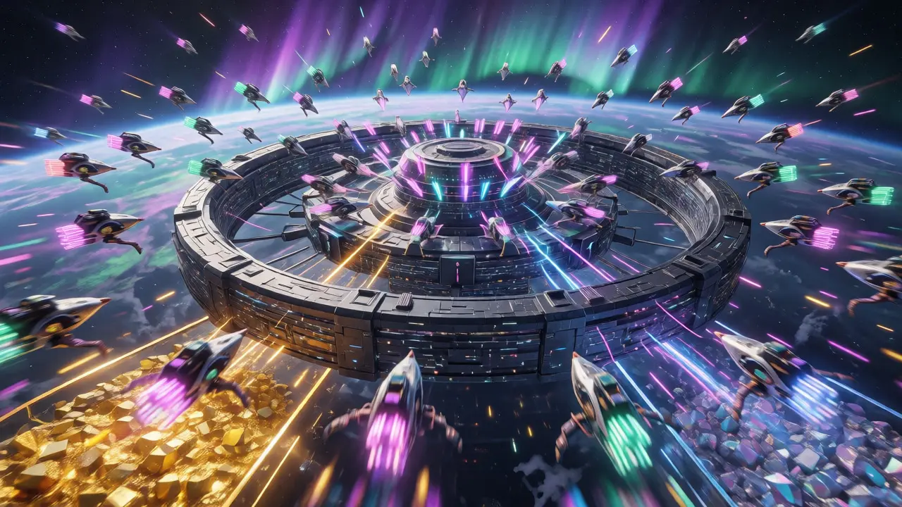 Futuristic orbital station processing bids from drone ships with energy flowing to reservoirs.