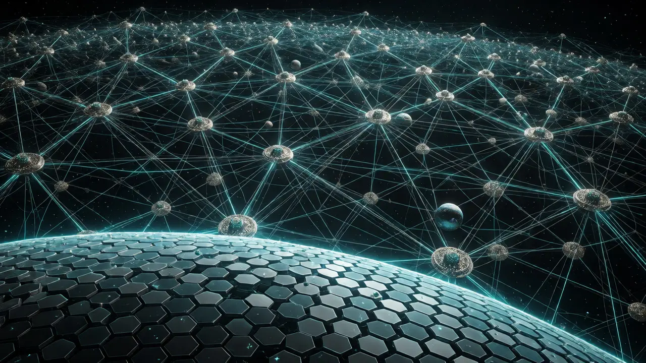 Galactic web of interconnected nodes protected by a hexagonal shield against fraud