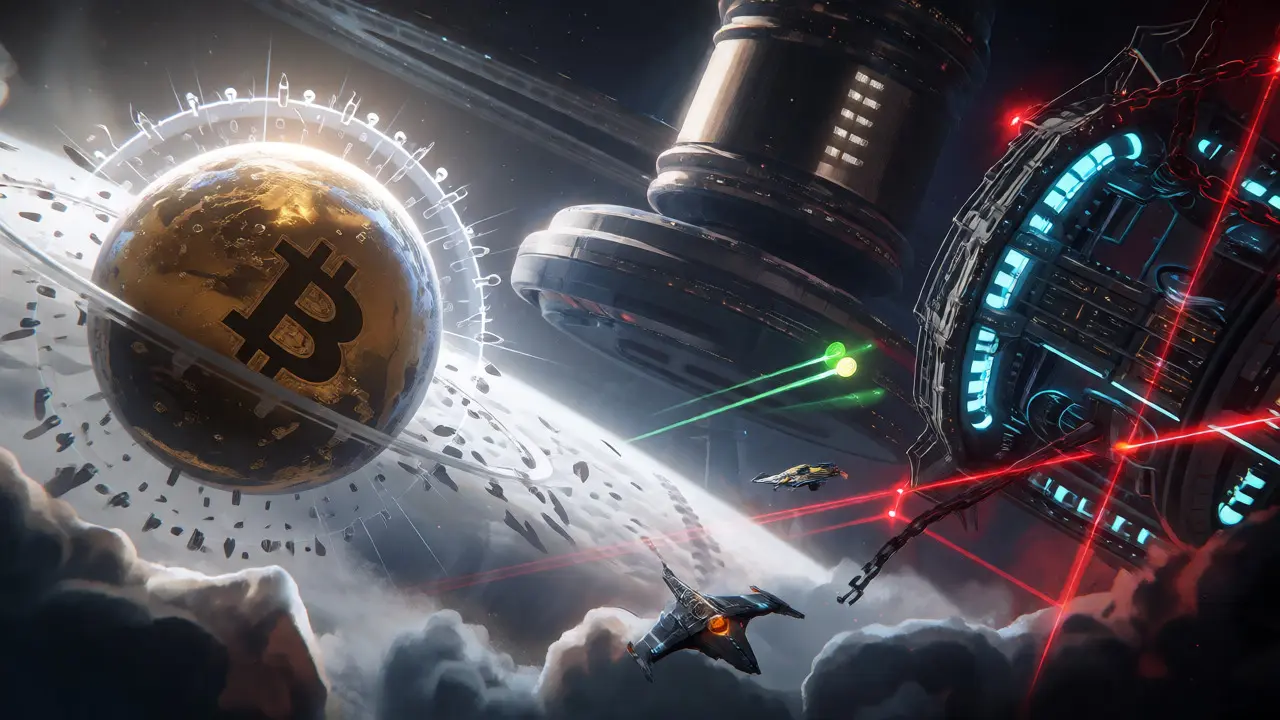 Golden Bitcoin planet vs. chained Ethereum station in a space battle setting.