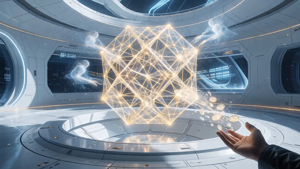 Golden geometric smart contract lattice releasing energy payments in a futuristic chamber