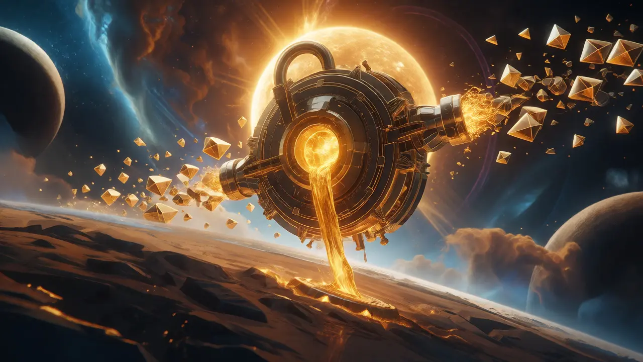 Golden lock mechanism in orbit transforming token streams into governance crystals.