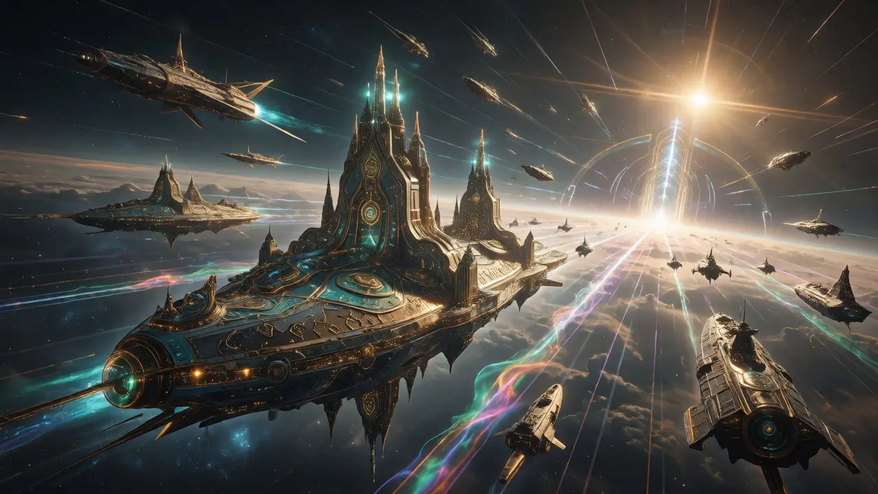 Grand fleet led by a cathedral-like spaceship traveling toward a radiant interstellar gateway.