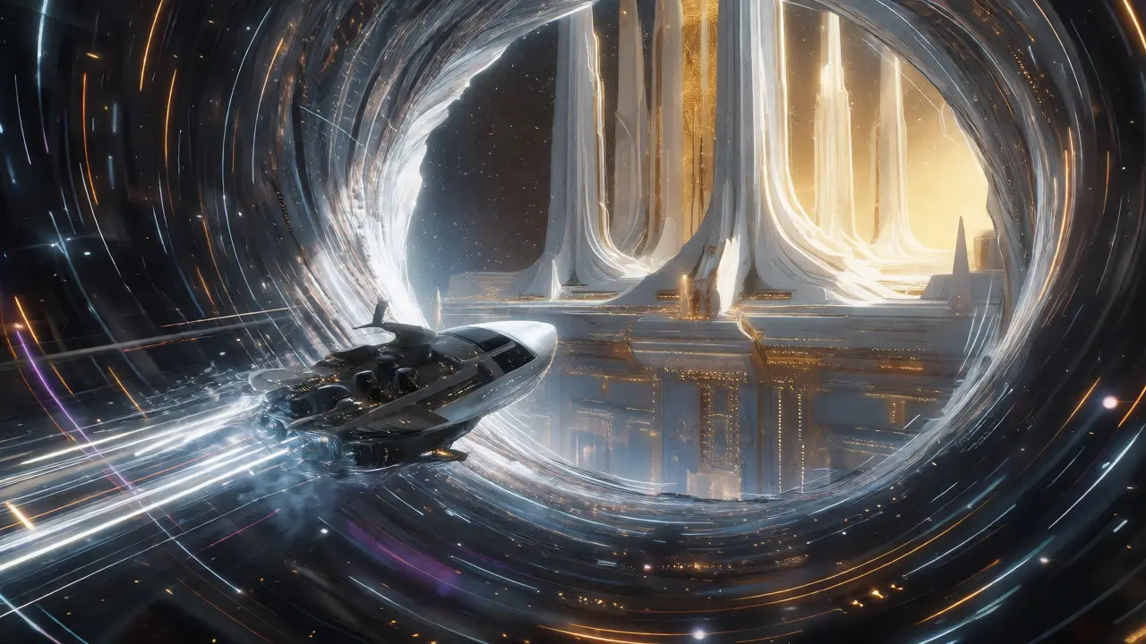 Hyper-speed ship approaching a financial space station